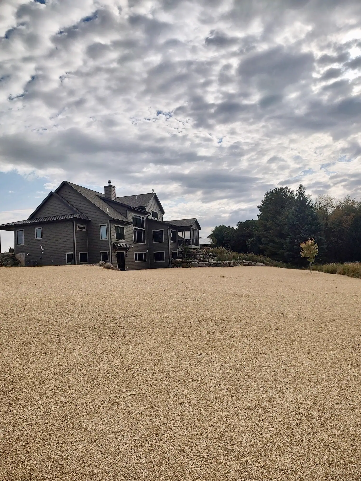 Newly seeded lawn behind a recently built home